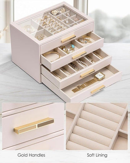 VLANDO 4 Layer Jewelry Box for Women, Glass Lid Jewelry Organizer with 4 Drawers for Necklaces Rings Earrings Bracelets - Light Pink