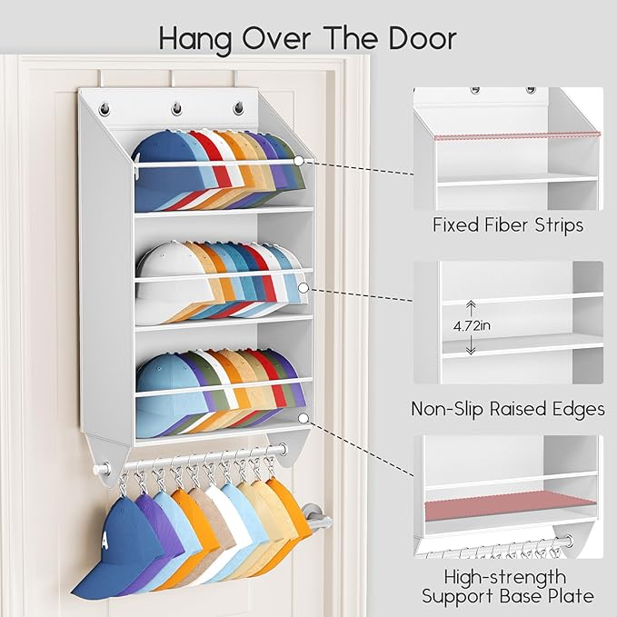 Homsorout Over the Door Hat Rack - 3-Layer Design Hat Organizer Holds 30-36 Hats with 10 Hooks, Ideal Hat Rack for Door, Over the Door Organizer for Closet, Apartment, Bedroom, Dorm, 2 Pack, White