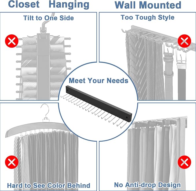 【2 in 1】 Tie Rack Belt Organizer Wall Mounted, Space Saving Tie Hanger for Closet with 20 Storage Hooks, Belt Holder for Closet Organizer Storage