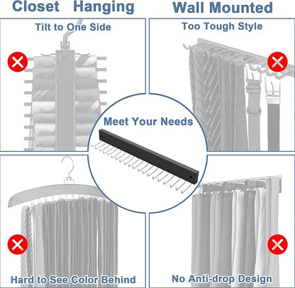 【2 in 1】 Tie Rack Belt Organizer Wall Mounted, Space Saving Tie Hanger for Closet with 20 Storage Hooks, Belt Holder for Closet Organizer Storage