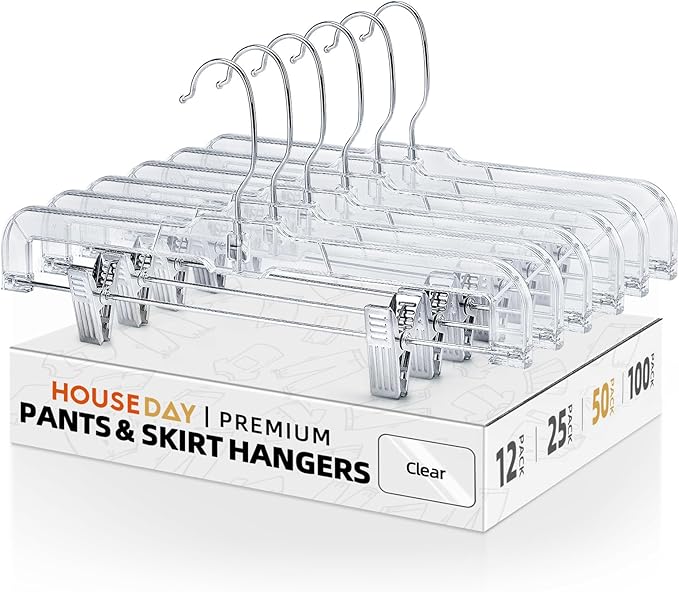 HOUSE DAY 50 Pack Skirt Hangers Pant Hangers with Clips, Clear Plastic Hangers for Pants, Skirts, Shorts, Versatile Use Clip Hanger, Retail Hanger
