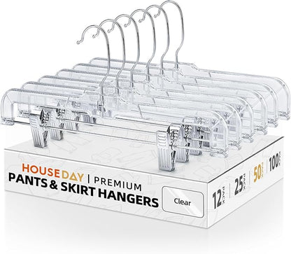 HOUSE DAY 50 Pack Skirt Hangers Pant Hangers with Clips, Clear Plastic Hangers for Pants, Skirts, Shorts, Versatile Use Clip Hanger, Retail Hanger