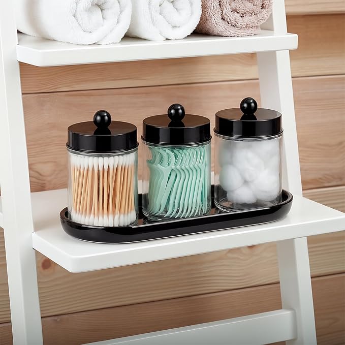 SheeChung Qtip Holder 3pcs, Glass Apothecary Jars with Acrylic Vanity Tray, Cotton Round Holder, Countertop Guest Canister Bathroom Organizers and Storage for Cotton Swabs/Balls, Floss Picks