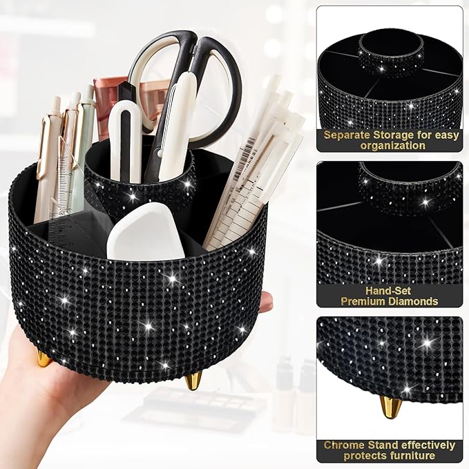 Diesisa Bling Makeup Organizer: 360°Rotating Bling Rhinestone Cosmetic Display Cases -Diamond Makeup Brush Holder - 5 Slot Cup for Cosmetics - Bling Lipstick Organizer - Gift for Women - Diamond Black