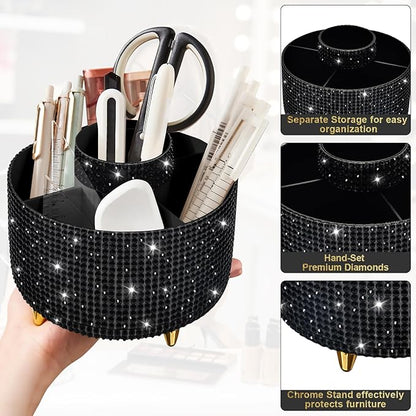 Diesisa Bling Makeup Organizer: 360°Rotating Bling Rhinestone Cosmetic Display Cases -Diamond Makeup Brush Holder - 5 Slot Cup for Cosmetics - Bling Lipstick Organizer - Gift for Women - Diamond Black