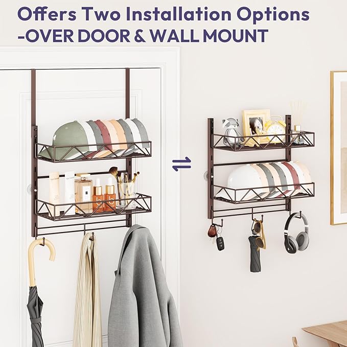 SWTYMIKI Over Door Hat Organizer - 3 Tier Wall Mounted Hat Rack with 2 Adjustable Metal Basket and 3 Hooks, Hanging Baseball Cap Organizer Storage Holds up to 29 Caps for Door, Bedroom, Closet