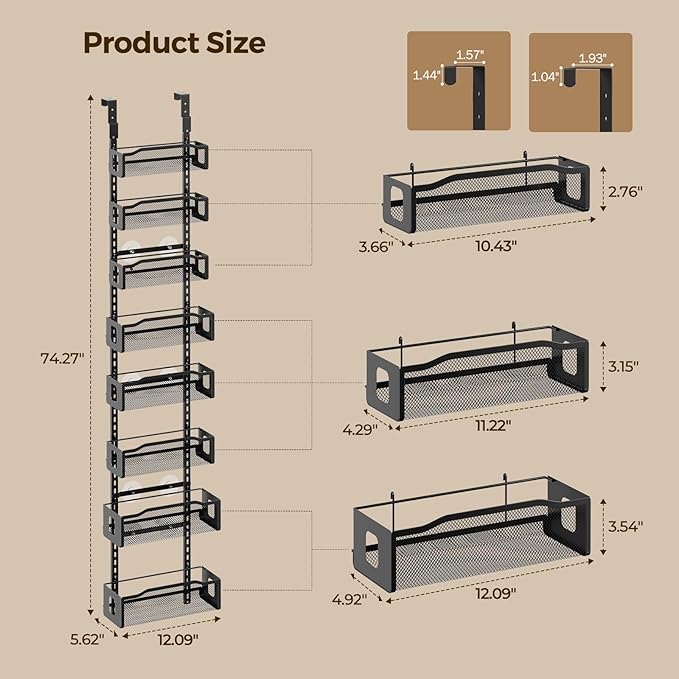 Delamu 8 Tier Over the Door Pantry Organizer, 2in1 Hanging or Wall Mount Spice Rack Seasoning, Adjustable Heavy-Duty Narrow Pantry Door Organizer and Storage for Kitchen Cabinet and Bathroom,12" Black