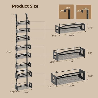 Delamu 8 Tier Over the Door Pantry Organizer, 2in1 Hanging or Wall Mount Spice Rack Seasoning, Adjustable Heavy-Duty Narrow Pantry Door Organizer and Storage for Kitchen Cabinet and Bathroom,12" Black