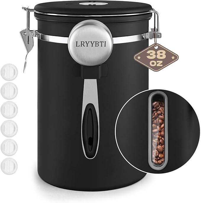 Coffee Canisters with Window,Scoop and Airtight Lid Stainless Steel Kitchen Bean Storage Grounds Container Date Tracker and Scoop for Grounds Coffee Bar Accessories (Black+window, 38 oz)