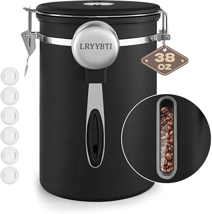 Coffee Canisters with Window,Scoop and Airtight Lid Stainless Steel Kitchen Bean Storage Grounds Container Date Tracker and Scoop for Grounds Coffee Bar Accessories (Black+window, 38 oz)