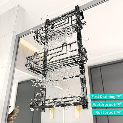 HapiRm 3 Tier Over the Door Shower Caddy, Hanging Shower Caddy with 16 Hooks and 2 Soap Holders, No Drilling Adjustable Hanging Bathroom Organizer - Black