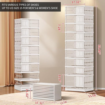 CIMLORD 9 Tier Foldable Shoe Rack for Closet Entryway 9-18 Pairs Stackable Clear Shoe Storage Boxes with Lids Tall Shoes Shelf with Door Plastic Organizer Cabinet Easy Assembly