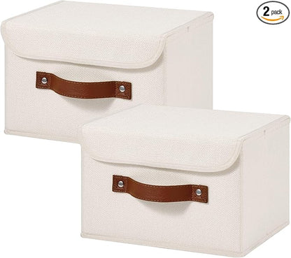2PCS Storage Bins Box with Lids Decorative Cotton Linen Fabric Baskets Cubes with Handles PP Plastic Board Foldable Washable Lidded Clothing Shelf Closet Organizer Container (Beige, Small)