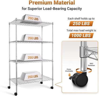 YSSOA Heavy Duty 4-Tier Shelving with Wheels, 35.43" W x 17.72" D x 61.02" H Adjustable Steel Organizer Wire Rack, 1400 Lbs Loading Capacity, Chrome