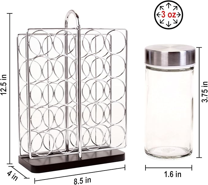 Orii 20 Jar Spice Rack Stainless Steel with Spices Included - Standing Rack Shelf Holder & Countertop Spice Rack Tower Organizer for Kitchen Spices