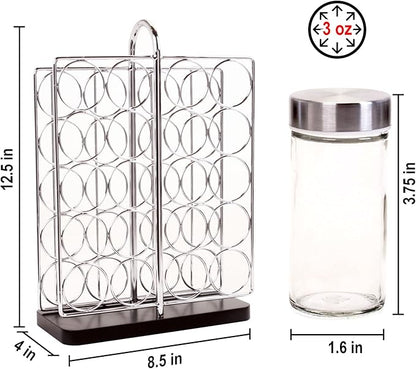 Orii 20 Jar Spice Rack Stainless Steel with Spices Included - Standing Rack Shelf Holder & Countertop Spice Rack Tower Organizer for Kitchen Spices