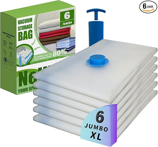 6 Jumbo XL Vacuum Storage Bags with Pump, Extra Large Compression Space Saver for Comforter, Duvet, Blanket, Bedding Storage, Vacuum Seal Bags for Clothing, Luggage Suitcase and Closet Organizer