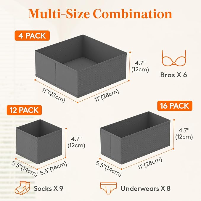 Lifewit Drawer Organizer Clothes for Closet 32 Pack, 3 Sizes Underwear Wardrobe Drawer Dividers, Fabric Foldable Dresser Storage Organizer Bins for Sock/Bra/Lingerie/Undies, Gray