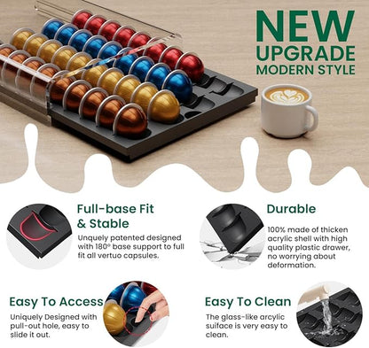 Storage Drawer for Nespresso Vertuo, Coffee Pod Holder for Counter Acrylic Top & Plastic Drawer Coffee Capsule Organizer - 40 Pods