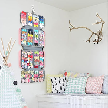MICOM Hanging Hair Accessories Storage Bag - Organizer for Girls' Hair Bows, Clips, Headbands, Scrunchies & Ties - Display Case with Hook