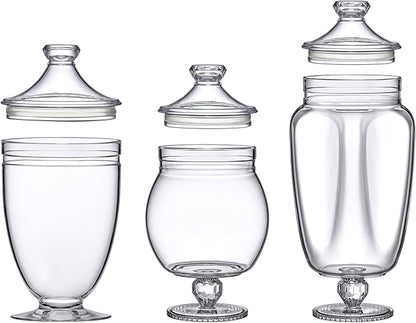 Amazing Abby - Admire - Plastic Apothecary Jars (3-Piece Set, 60/46/40 oz) (NOT Glass), Acrylic Jars with Lids, Bathroom Canisters, Candy Buffet, Wedding Display, BPA-Free and Shatter-Proof