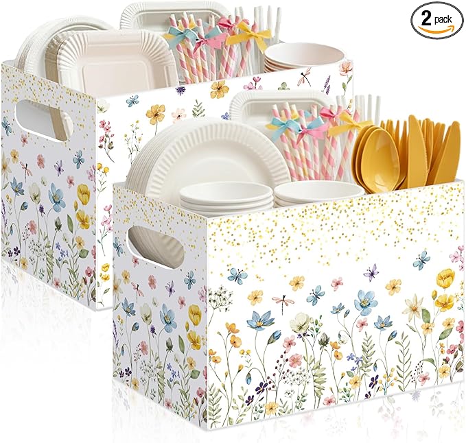 Sliner 2 Pcs Wildflower Utensil Holder Paper Utensil Caddy for Spring Wildflower Party Disposable Cutlery Holder with Handles for Wedding Spring Floral Baby Shower Picnic Tea Party