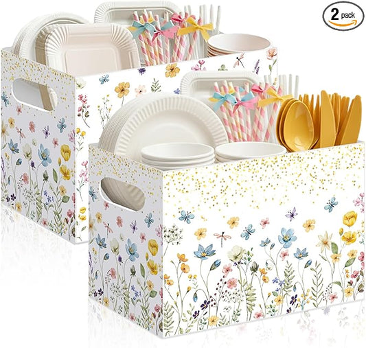 Sliner 2 Pcs Wildflower Utensil Holder Paper Utensil Caddy for Spring Wildflower Party Disposable Cutlery Holder with Handles for Wedding Spring Floral Baby Shower Picnic Tea Party