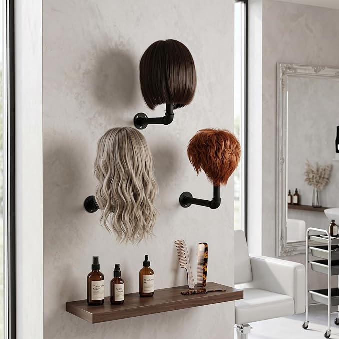 MyGift 3 Pcs Cowboy Hat Holder on Wall, Hat Rack Hooks, Wig Display Helmet Collection Organizer, Baseball Cap Hanger Entryway Bedroom, Realistic Black Metal Pipe Brown Wood