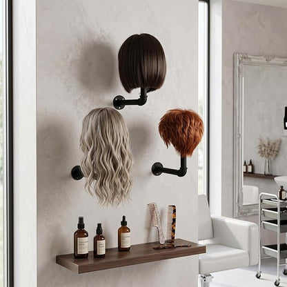 MyGift 3 Pcs Cowboy Hat Holder on Wall, Hat Rack Hooks, Wig Display Helmet Collection Organizer, Baseball Cap Hanger Entryway Bedroom, Realistic Black Metal Pipe Brown Wood