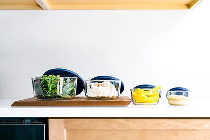 8-Piece Glass Food Storage Containers Set (4 Containers + 4 Lids) | Round, Nesting, Microwave & Dishwasher Safe | BPA-Free, Space-Saving | Blue Lids for Pantry & Kitchen Organization, Blue