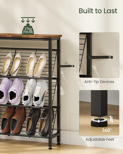 CHOEZON Shoe Rack, 4-Tier Narrow Shoe Storage Shelf, Slim Shoe Rack with Wooden Top and Metal Shelves, Slanted Shoe Organizer, Industrial Style, for Entryway, Hallway, Rustic Brown and Black TXJ76BF