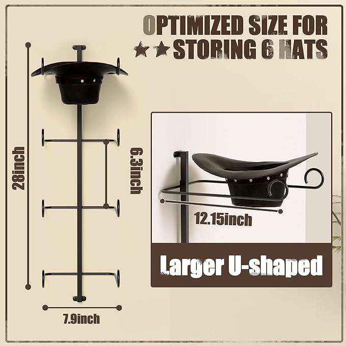 Alyoen Cowboy Hat Rack for Wall, Cowboy Hat Holder Wall Mount Holds Up to 4 Hats, Metal Hat Organizer Storage Hanger, Western Room Decor for Fedoras, Sun Hat
