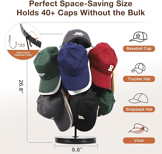 Keebofly Rotating Free Standing Hat Rack & Organizer Stand, 3-Tier Merchandise Display & Tabletop Baseball Cap Organizer Holds 40+ Caps, Portable for Vendor & Home Use in Bedroom, Closet, Entryway