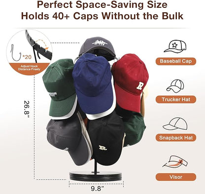 Keebofly Rotating Free Standing Hat Rack & Organizer Stand, 3-Tier Merchandise Display & Tabletop Baseball Cap Organizer Holds 40+ Caps, Portable for Vendor & Home Use in Bedroom, Closet, Entryway