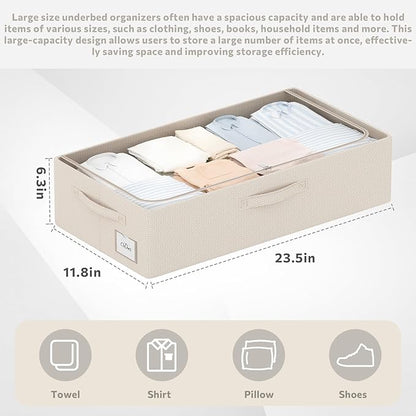 CYhom 3Pcs Under Bed Storage Bins with Metal Frame - Shoe Organizer for Closet with Clear Cover Oxford Fabric Sturdy Underbed Container Foldable Stackable Clothes Organizer (Beige, 23.5x11.8x6.3)