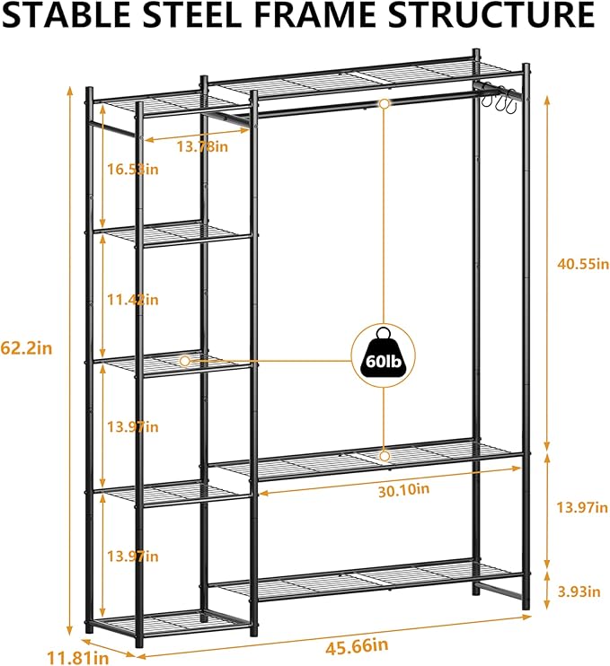 Wardrobe Closet,Portable Clothes Rack with 4 Tiers Shelves,Freestanding Closet Organizers and Storage System with Hanging Rods,Steel Clothing Rack Suitable for Cloakrooms,Bedrooms,Entrances,etc.Black