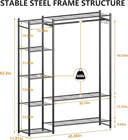 Wardrobe Closet,Portable Clothes Rack with 4 Tiers Shelves,Freestanding Closet Organizers and Storage System with Hanging Rods,Steel Clothing Rack Suitable for Cloakrooms,Bedrooms,Entrances,etc.Black