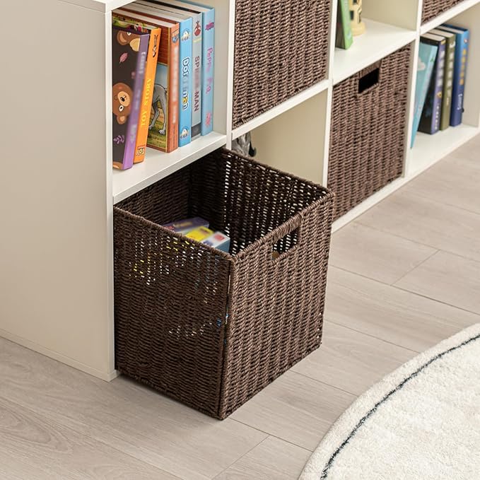 Handwoven Paper Woven Cube Basket Organizer with Handles set of 4 Foldable Storage baskets for Bedroom Living Room Cubby Storage Units for Clothes Books Toys (Brown, 13" L x 13" W x 13" H)