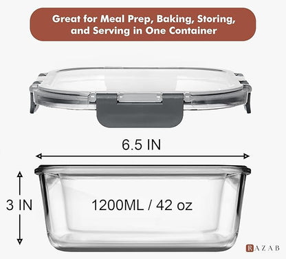 Razab 2 PC 1200ML / 41 Oz Glass Food Storage Containers with Lids - Airtight & Leakproof - Microwave/Oven/Freezer Safe - BPA Free - Ideal for Meal Prep, Storing Leftover & Lunch