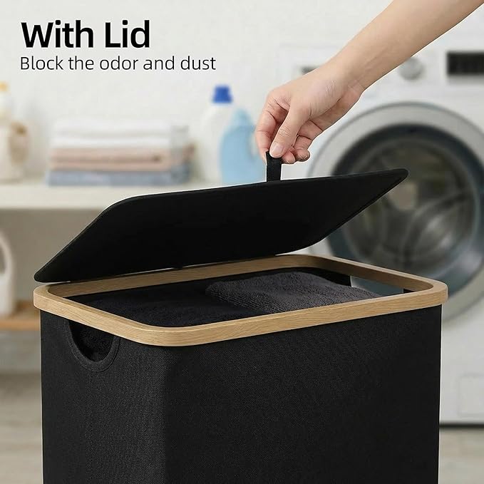 efluky Slim Laundry Basket with Lid, Narrow Laundry Hamper with Removable Bag, Skinny Dirty Clothes Basket with Bamboo Handles for Bathroom, Bedroom & Laundry Room, 75L Black