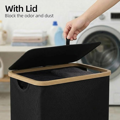 efluky Slim Laundry Basket with Lid, Narrow Laundry Hamper with Removable Bag, Skinny Dirty Clothes Basket with Bamboo Handles for Bathroom, Bedroom & Laundry Room, 75L Black