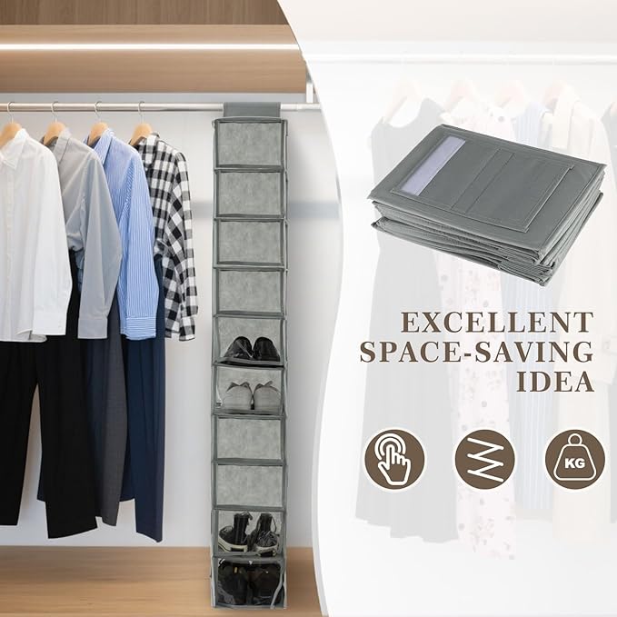 Sadnyy 10-Shelf Hanging Closet Shelf Shoe Organizer with Dust Cover Hanging Closet Organizer Dorm Essentials for Girls Boys Clothes Storage for Hats and Handbags, 10 kg Load Capacity(Gray)