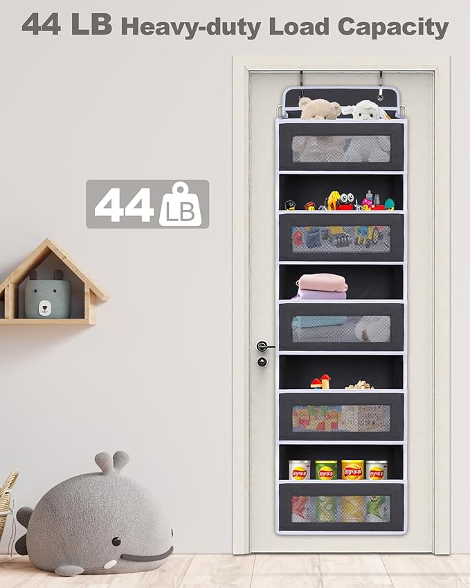 Over The Door Organizer 44LB Capacity with 5 Large Pockets & 10 Mesh Side Pockets, Clear Window Anti-Tilt Hanging Storage for Nursery, Bathroom, Pantry - Dark Grey, 1 Pack