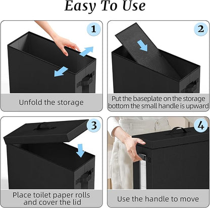 NAMTSO Bathroom Toilet Paper Storage with Lid - for Up to 12 Rolls | Storage Bins with Lids for Towel or Yarn | Free Standing | Foldable | Moisture Resistant | Clear Plastic Window | Black | 1 Pack