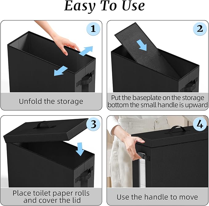 NAMTSO Bathroom Toilet Paper Storage with Lid - for Up to 12 Rolls | Storage Bins with Lids for Towel or Yarn | Free Standing | Foldable | Moisture Resistant | Clear Plastic Window | Black | 2 Pack