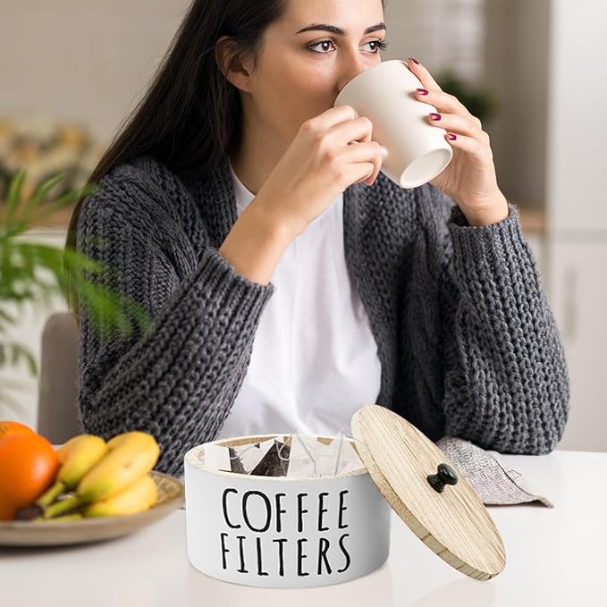 Coffee Filter Holder - Wooden Coffee Storage Container with Lid, Multipurpose Filter Dispenser, Sturdy Coffee Pod Organizer for Bar Counter Decor (White)