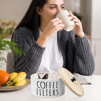 Coffee Filter Holder - Wooden Coffee Storage Container with Lid, Multipurpose Filter Dispenser, Sturdy Coffee Pod Organizer for Bar Counter Decor (White)