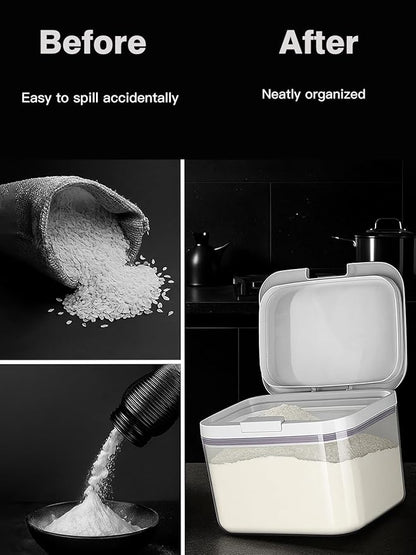 LivLab Mker Rice Dispenser 20Lbs - Flour Brown Sugar Container With One-Press Lid | Bpa-Free Clear Pet Airtight Food Container With Scoop| Stackable Cereal Storage Keeper 9.4x9.4x11.4in 11L /11.6Qt
