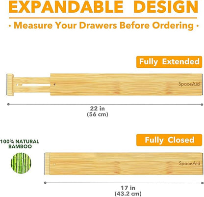 SpaceAid Bamboo Drawer Dividers with Labels, Kitchen Adjustable Drawer Organizers, Expandable Organization for Home, Office, Dressers and Bathroom, 6 Dividers (17-22 in) (Pack of 2)