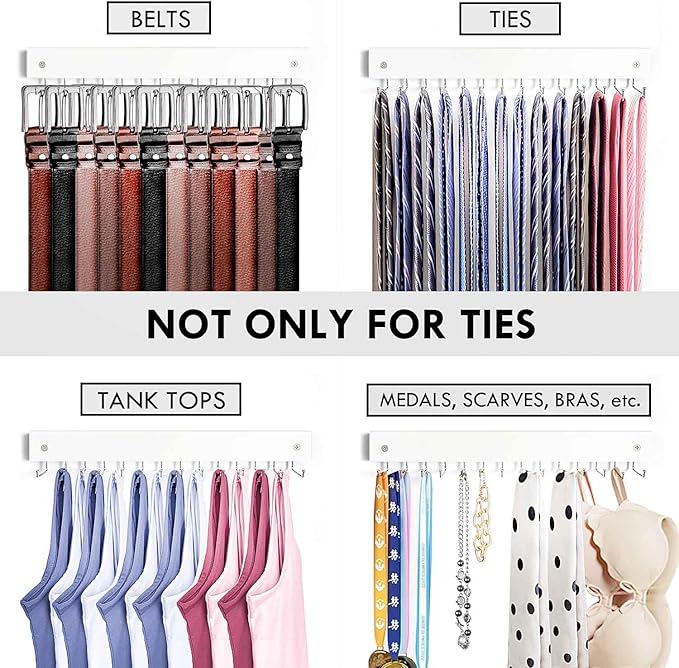 2Pack Tie Rack Wall Mounted, Wooden Tie Hanger Tie Organizer for Men with 28 Folding Hooks, Space Saving Tie Holder and Belt Rack for Closet, White